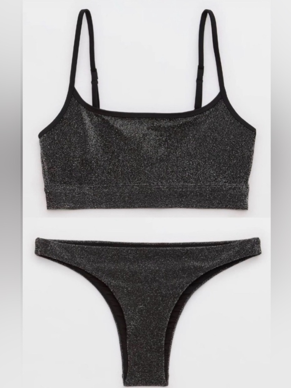 NWT Aerie FULL SET Sparkle Straight Scoop Bikini Top + Cheeky Bottom Black - S